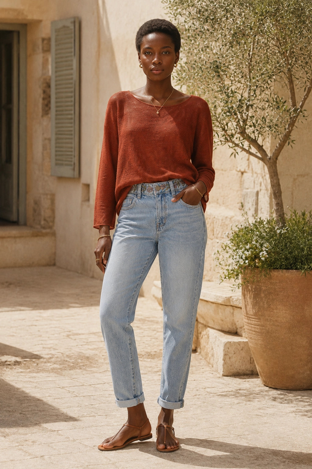 Blue Embroidered Waistband Jean