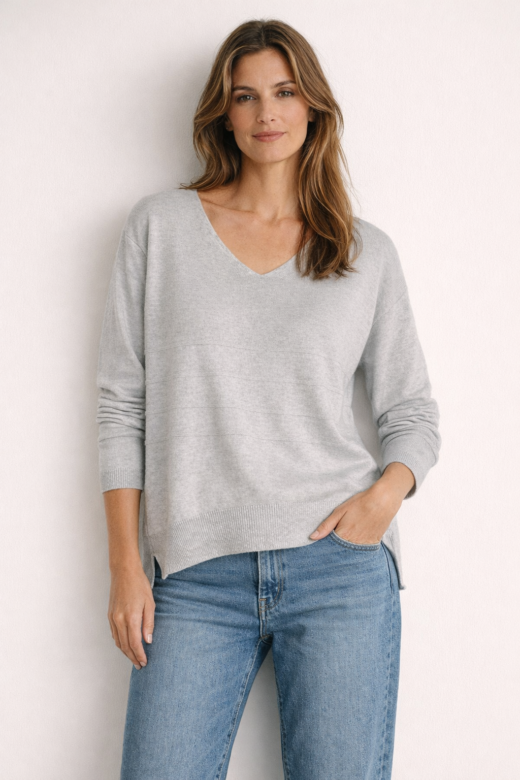 Grey V Neck Shimmer Knit