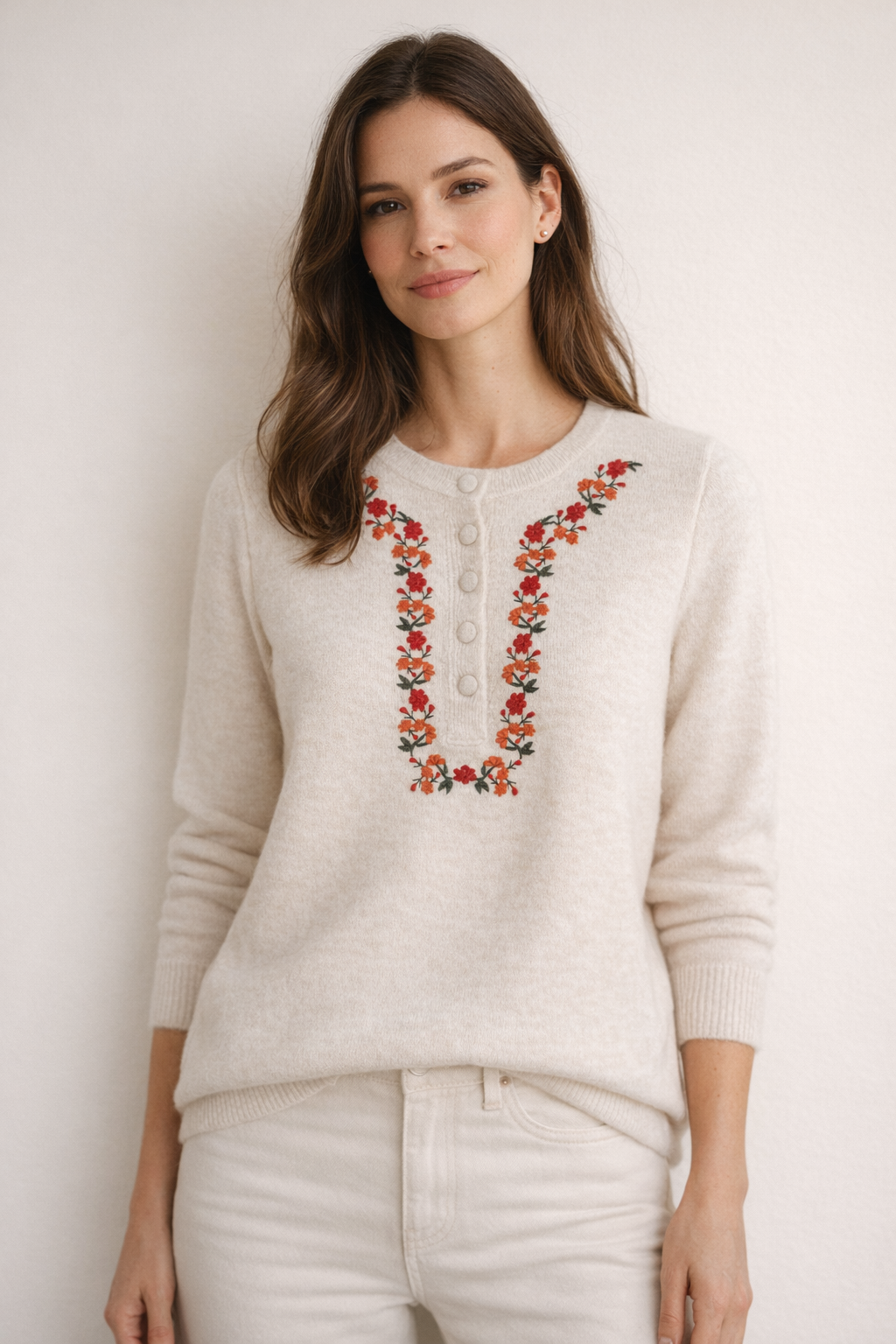 Cream Floral Button Jumper