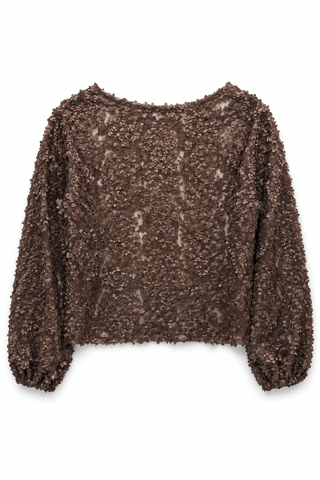 A cropped, long-sleeve knit top in a dark brown bouclé texture, featuring a wide boat neckline and gathered cuffs, shown against a plain white background.