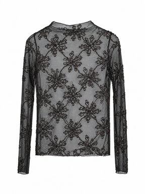 Black lace long-sleeve top on a white background