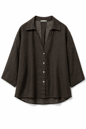 A dark brown textured linen button-up shirt with a relaxed, oversized fit, laid flat against a white background.