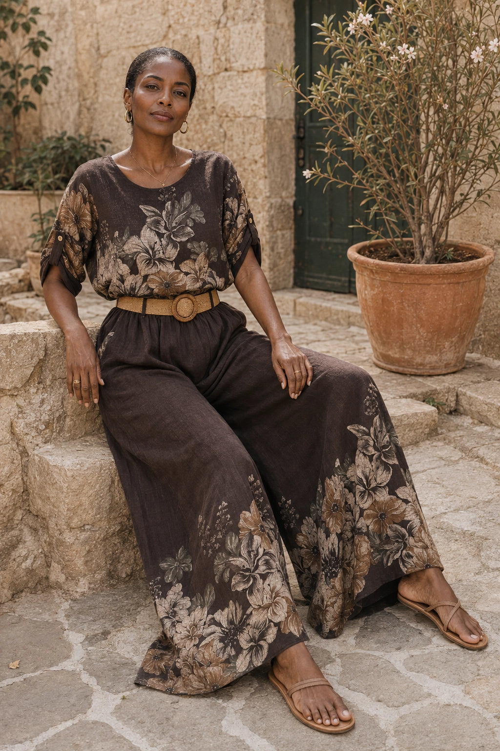 A woman sits on stone steps wearing a dark brown two-piece set with a beige floral print, featuring a short-sleeve top and wide-leg pants, accessorized with a tan belt and brown sandals.
