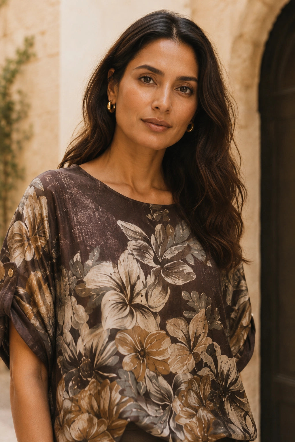A woman with long, wavy brown hair is wearing a loose, short-sleeve top with a brown, beige, and gray floral pattern. She is posing in front of a warm-toned stone wall with an archway in the background.