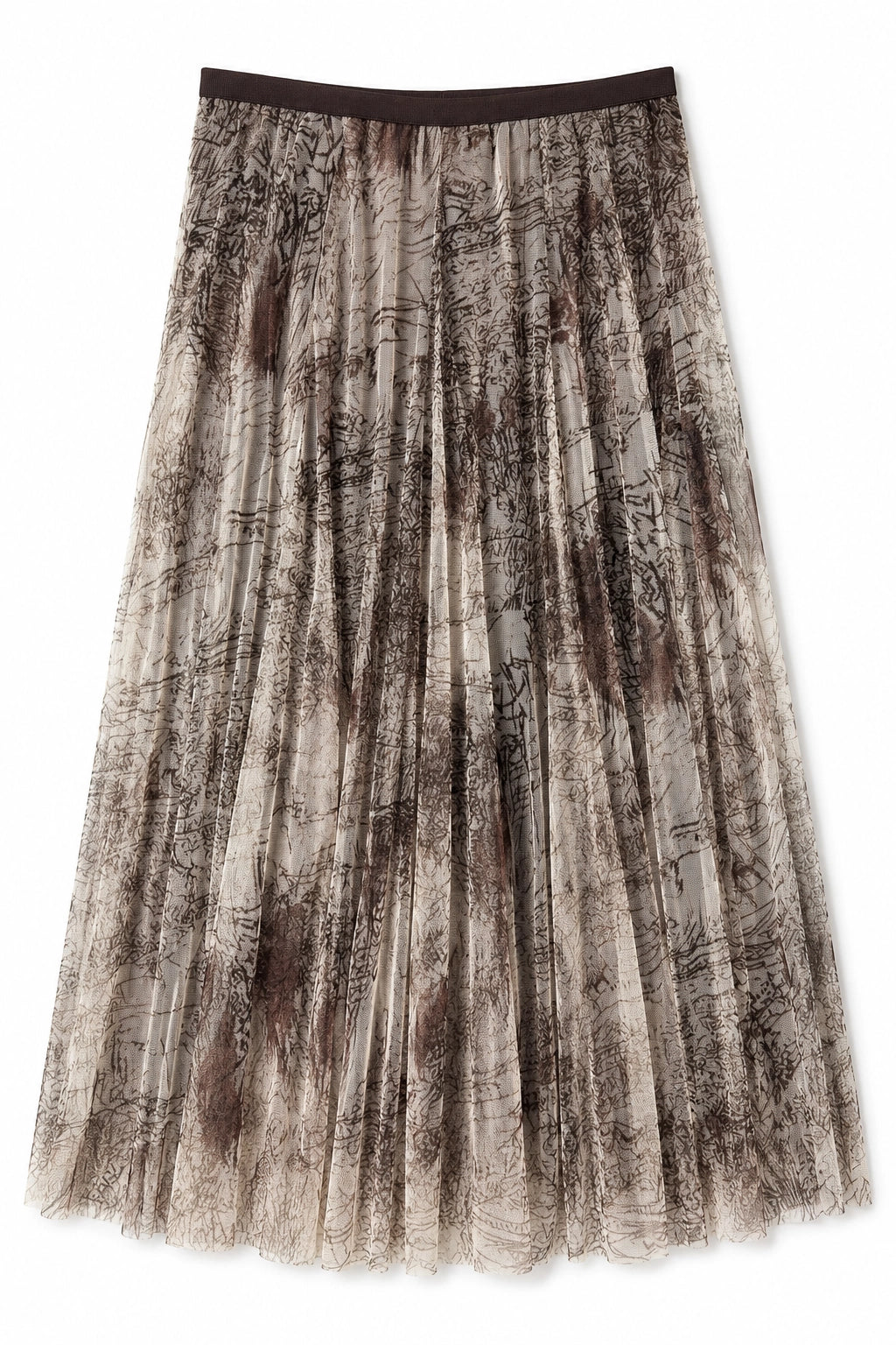 A pleated midi skirt with an abstract, distressed tree-like pattern in shades of brown, beige, and gray, featuring a solid dark brown waistband.