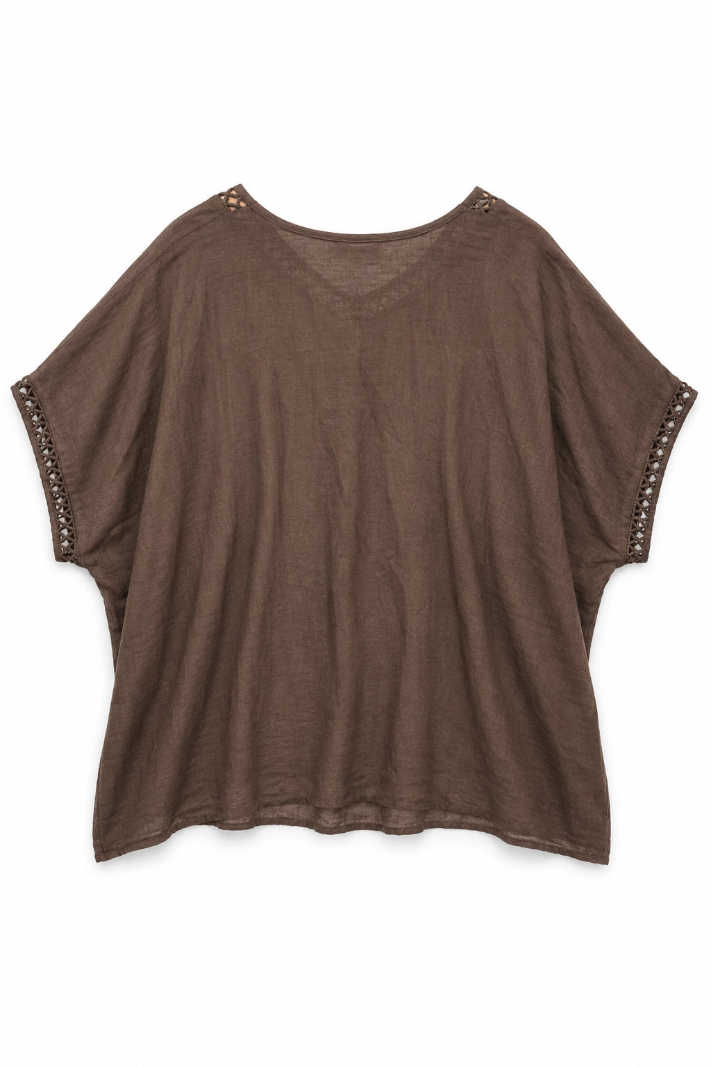 A brown short-sleeve top with a V-neck and decorative metallic studs along the sleeve edges and shoulders, shown flat against a white background.