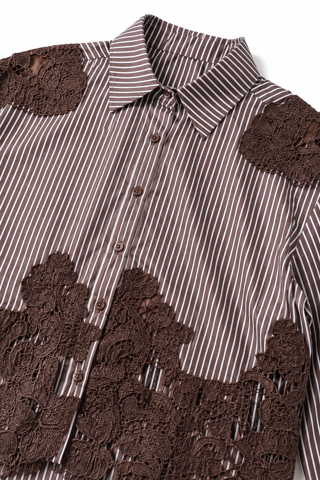 A brown and white striped button-down shirt with dark brown lace appliques on the shoulders and lower front, shown in a close-up product shot against a white background.