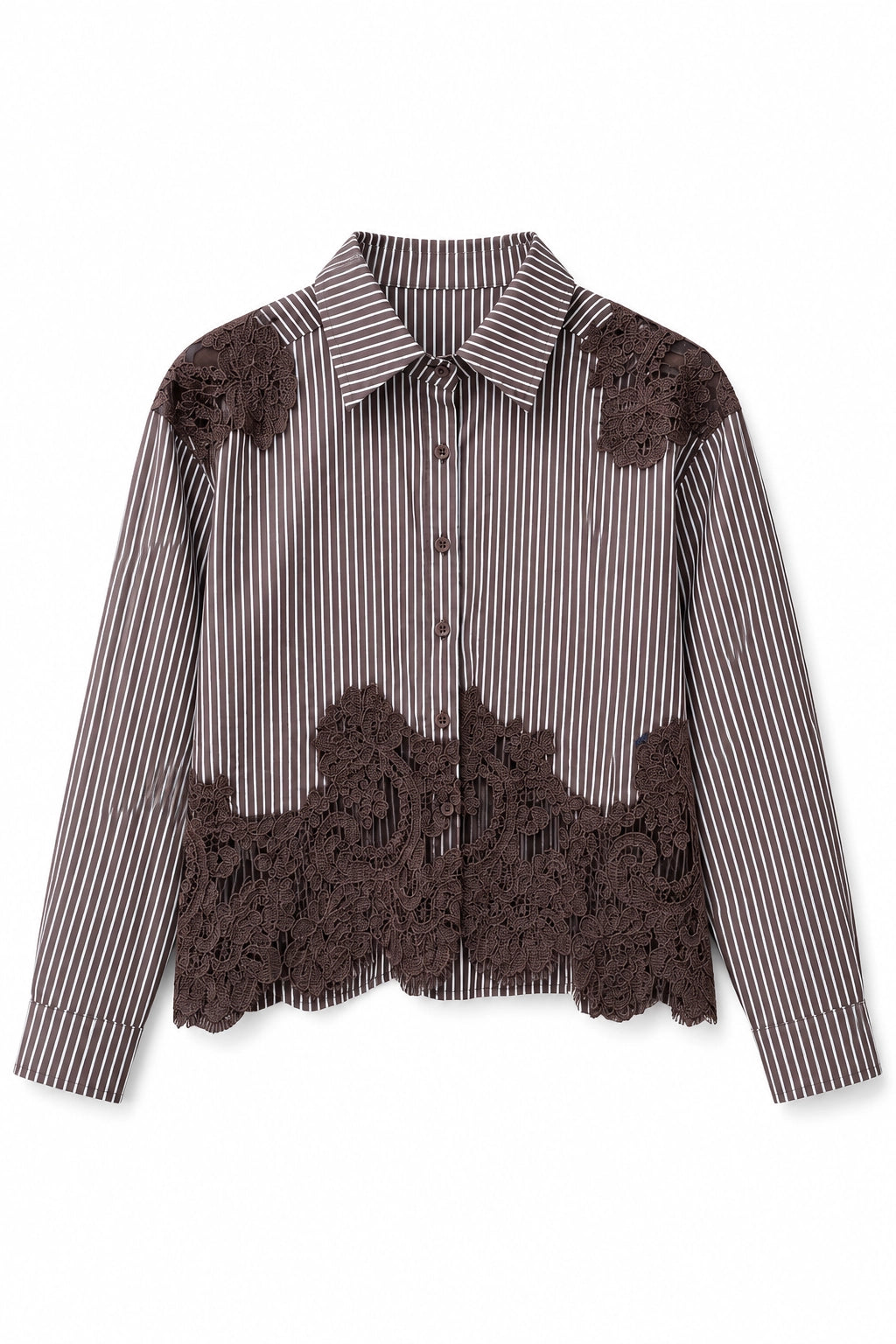 A women's long-sleeve button-up shirt featuring a brown and beige vertical stripe pattern with contrasting dark brown lace applique panels across the shoulders and lower front, displayed on a clean white background.