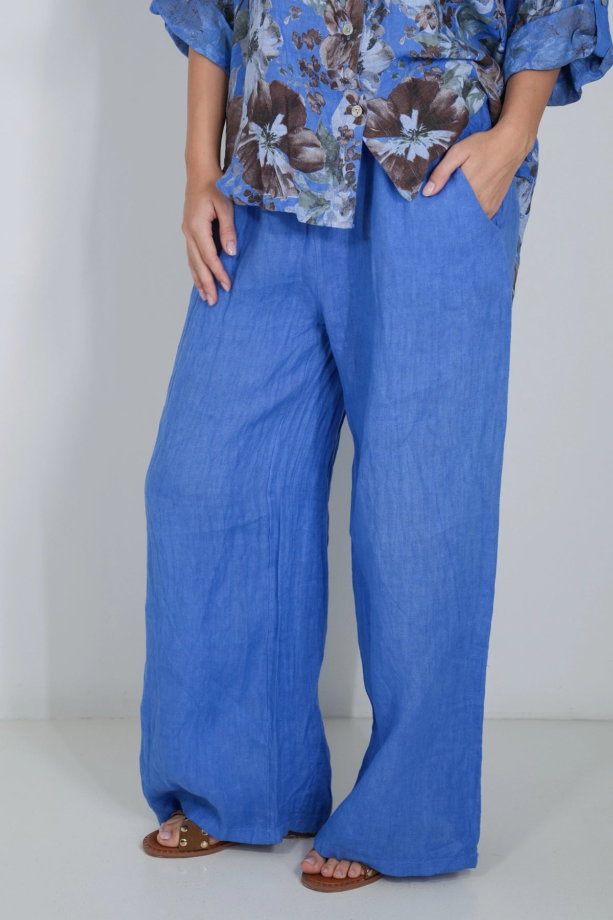 Cobalt Wide Leg Linen Pant