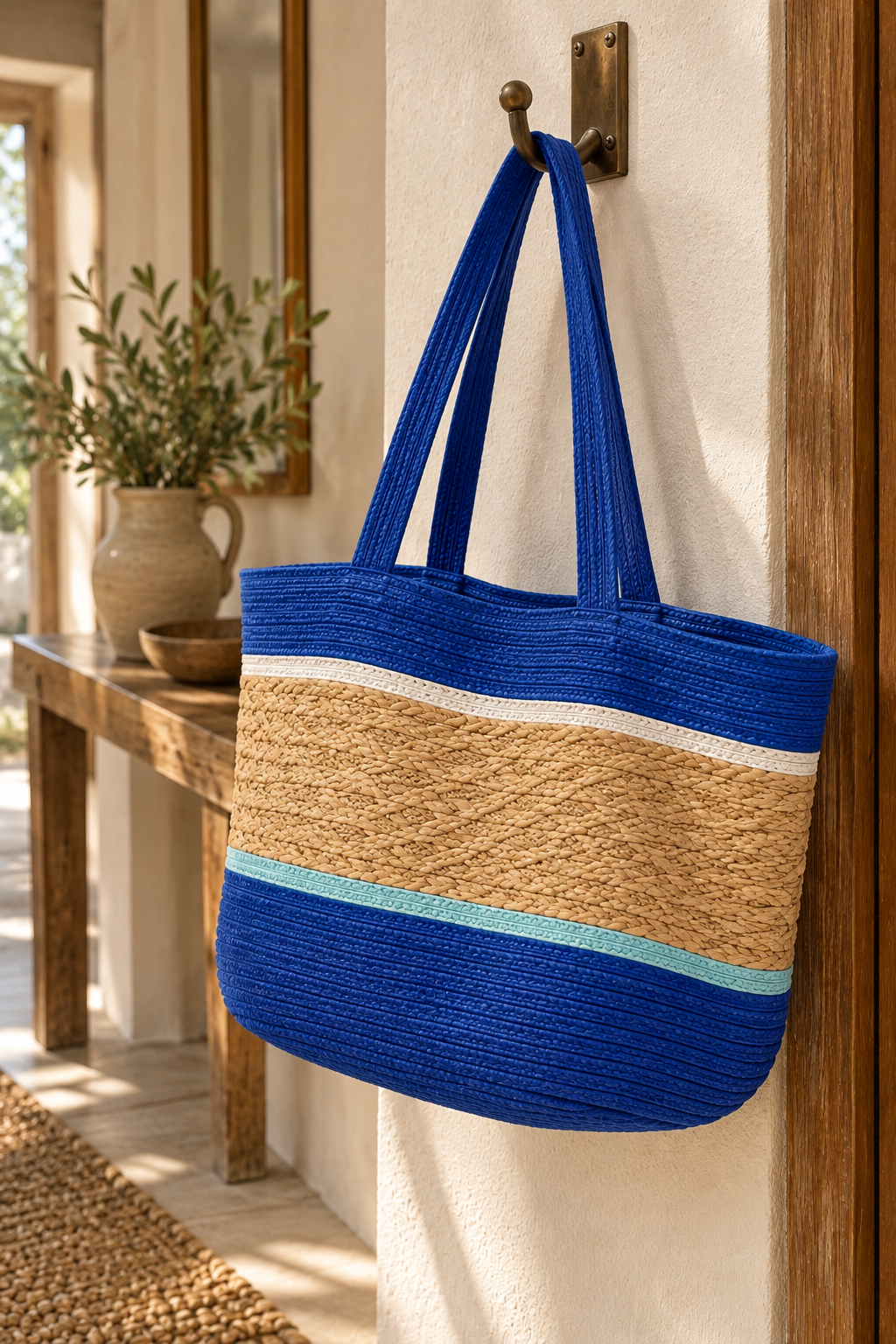 Cobalt Straw Tote Bag