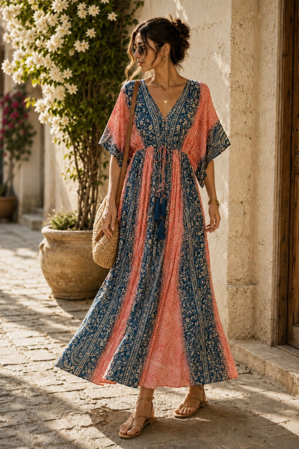 A woman stands on a cobblestone alleyway wearing a long, loose bohemian maxi dress with a blue and coral-orange paisley pattern and tassel tie. She is holding a woven straw bag.