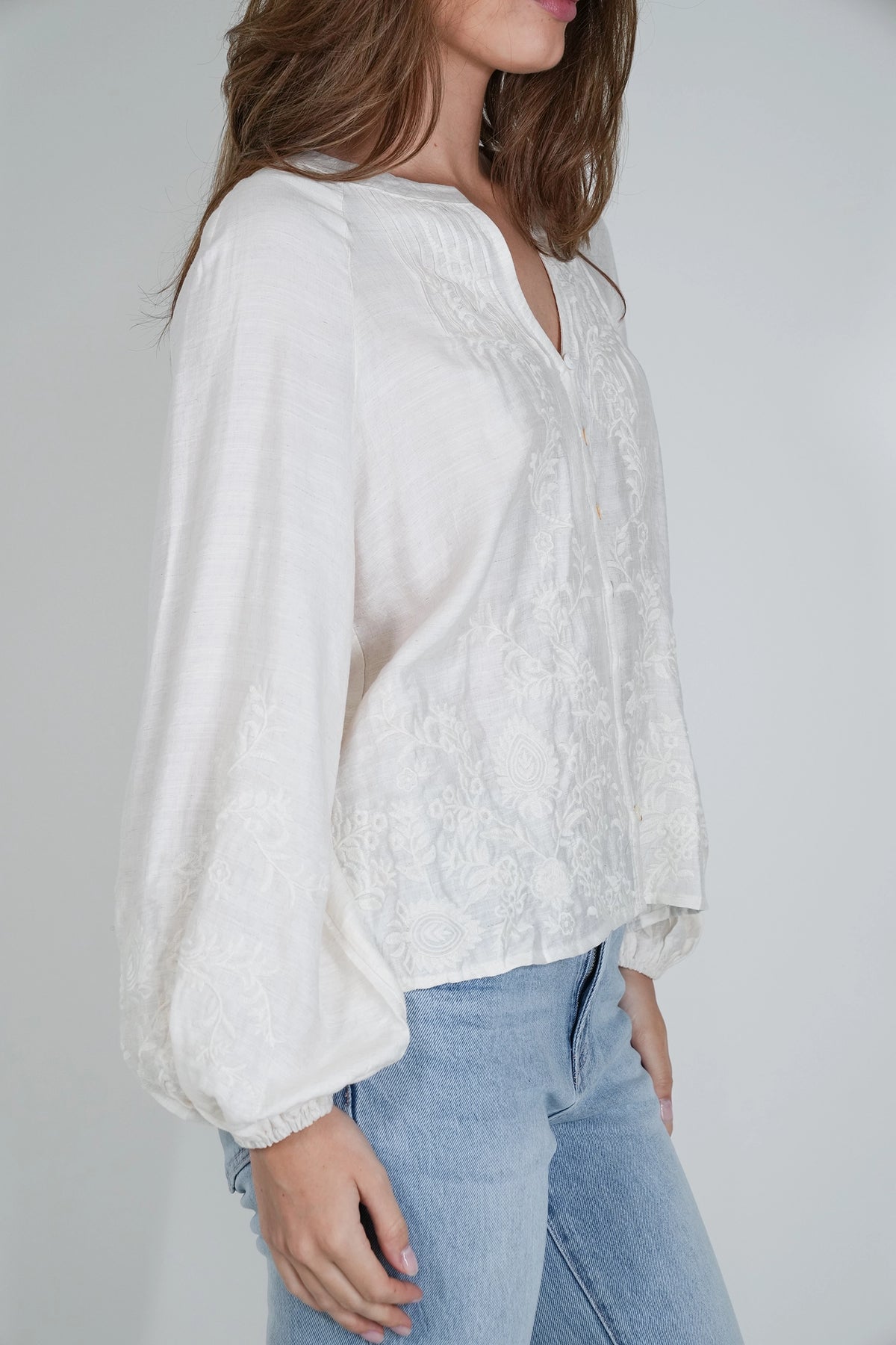 A woman wearing a white long-sleeve blouse with intricate lace embroidery and a split neckline, paired with light blue jeans, shown from the side against a light gray background.