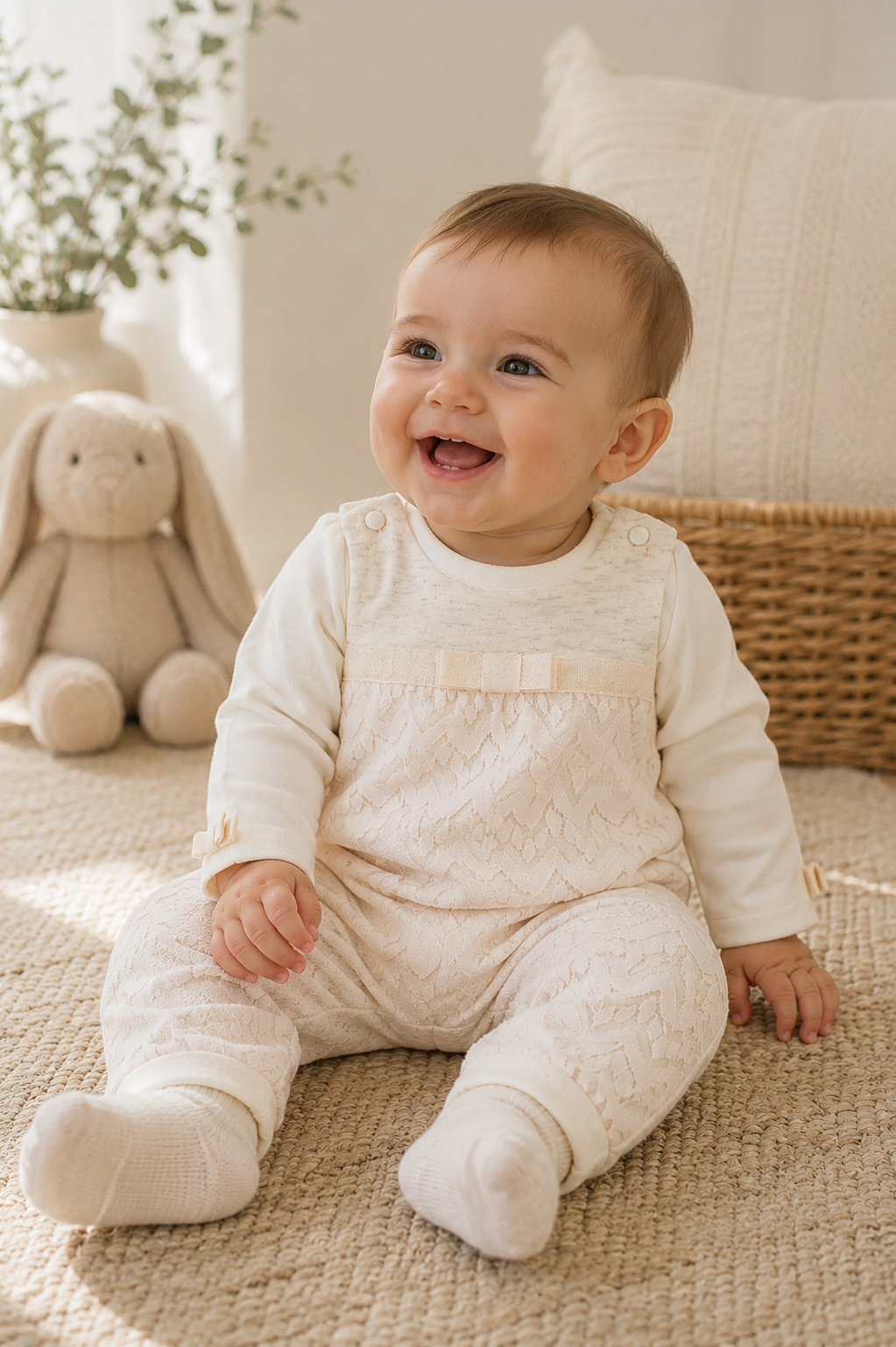 Baby in a textured white onesie sitting on a carpeted floor with a plush toy and basket in the background.