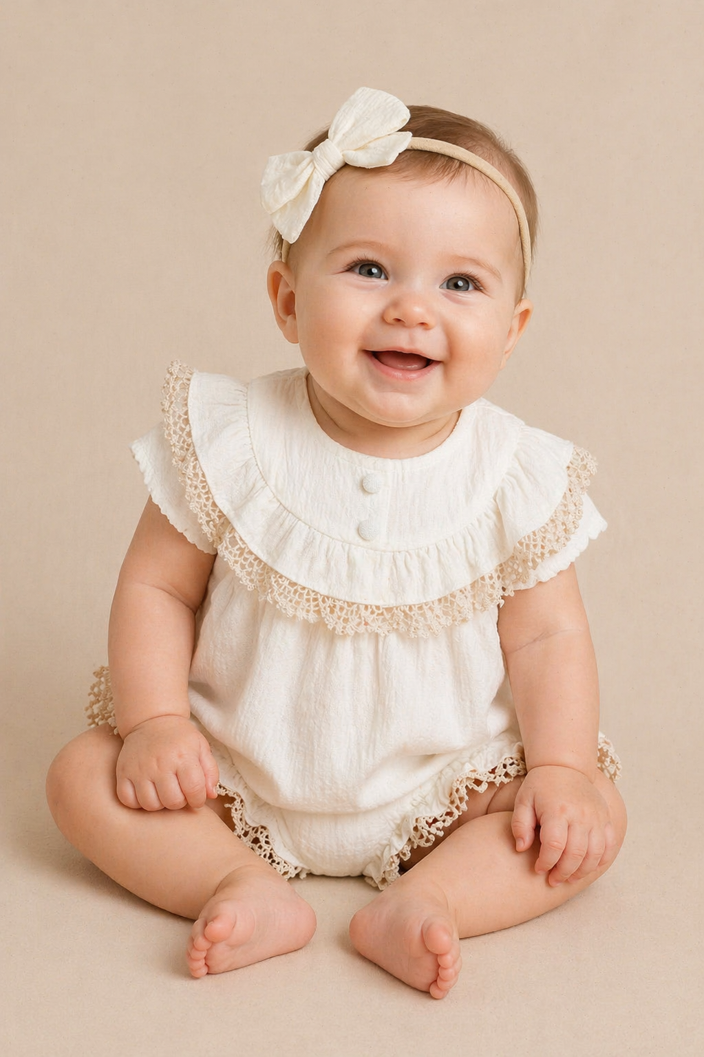 Baby wearing a white ruffled outfit with a bow headband on a beige background