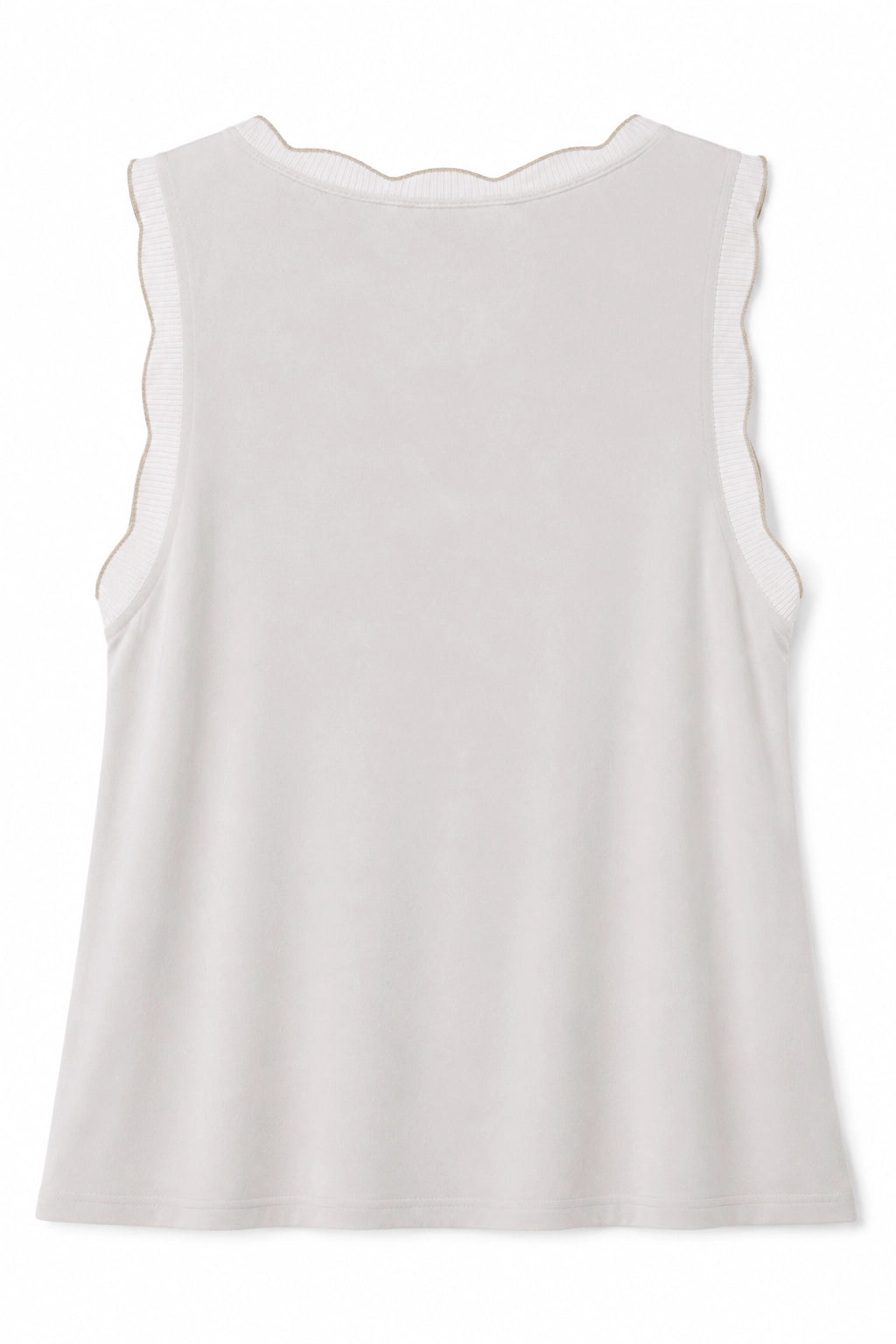 A sleeveless white top with scalloped edges, shown from the back against a plain white background.