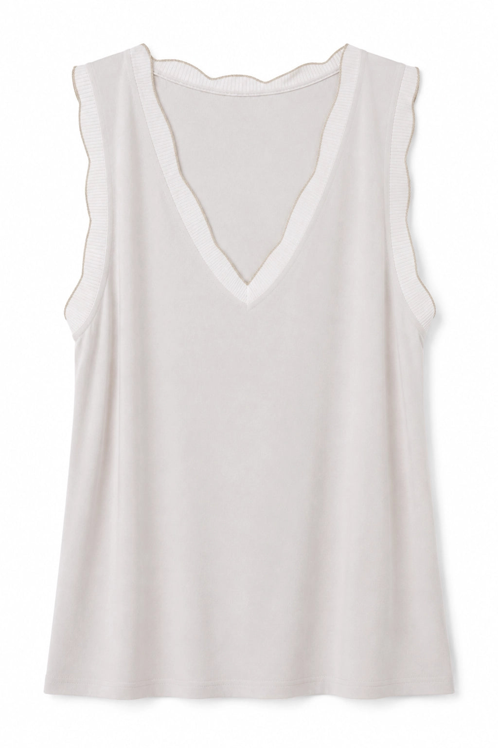 A sleeveless V-neck knit top in a light cream or off-white color, featuring a scalloped edge along the shoulders and neckline, displayed against a plain white background.