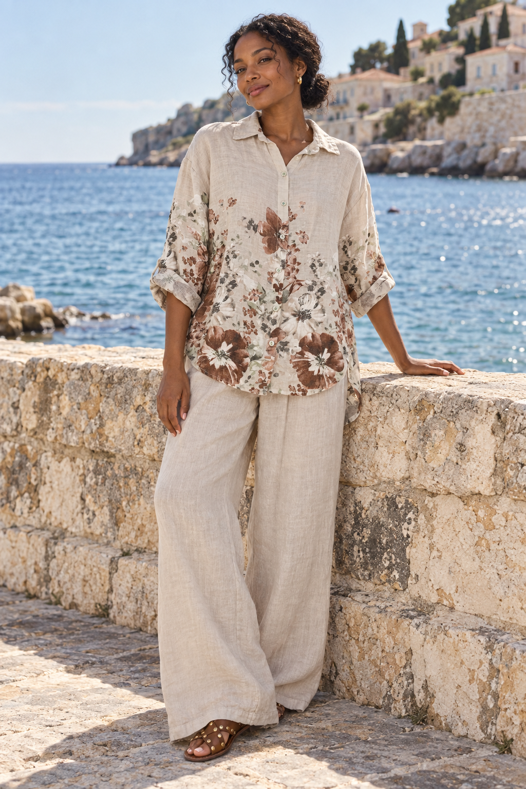 Cream Wide Leg Linen Pant