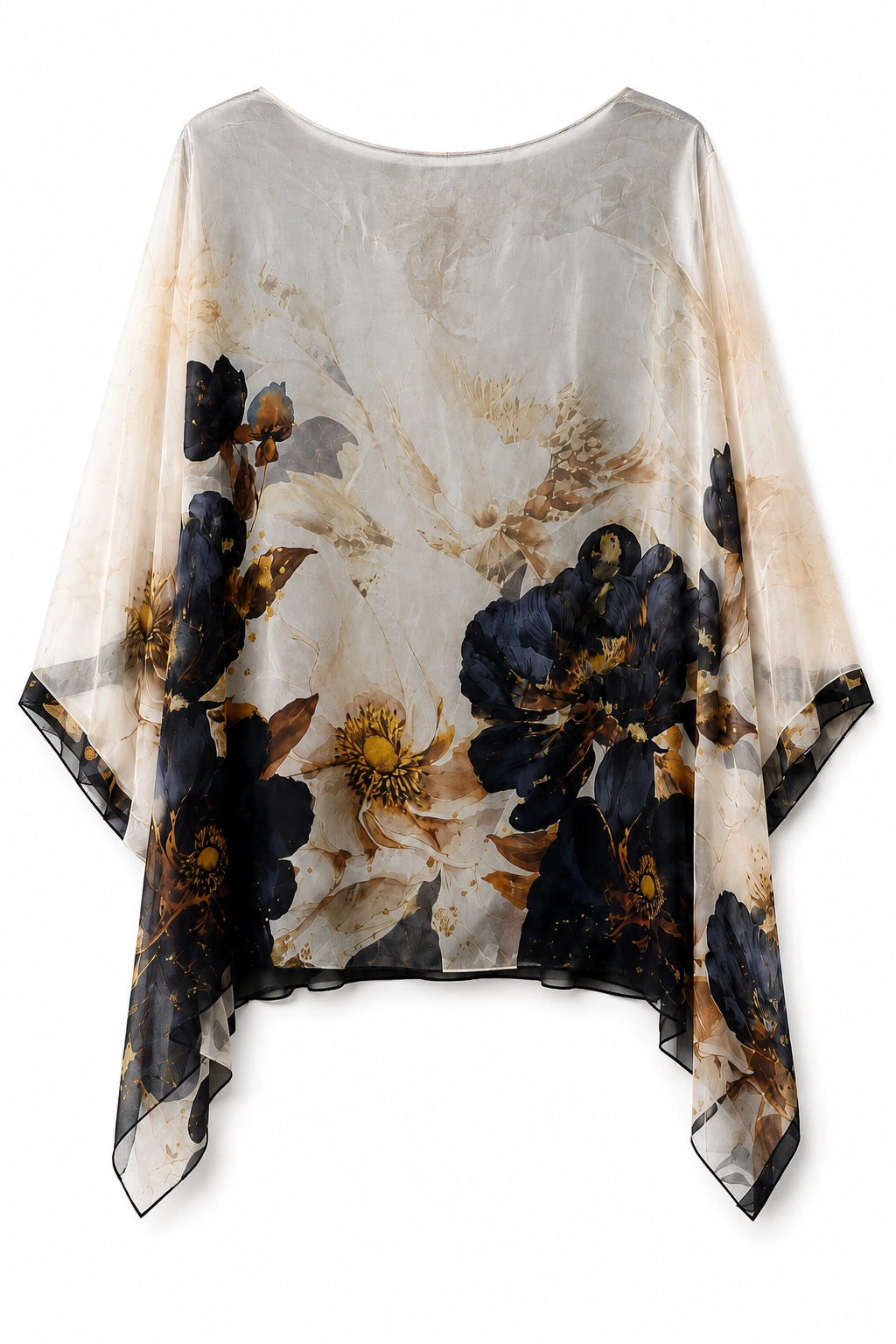 A sheer, lightweight blouse with a wide, draped silhouette, featuring a large floral print in navy blue, black, and warm beige tones on a white background.