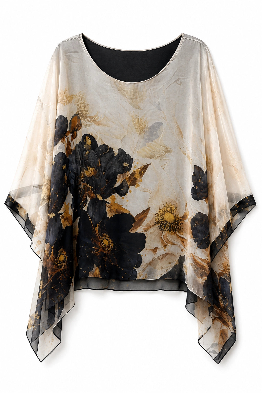A lightweight, semi-sheer poncho-style blouse with a black and gold floral print on a beige background, displayed against a solid white background.