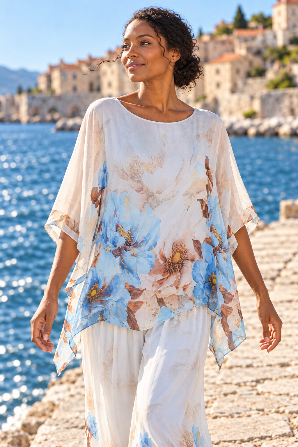 Cream and Blue Savanna Silk Poncho