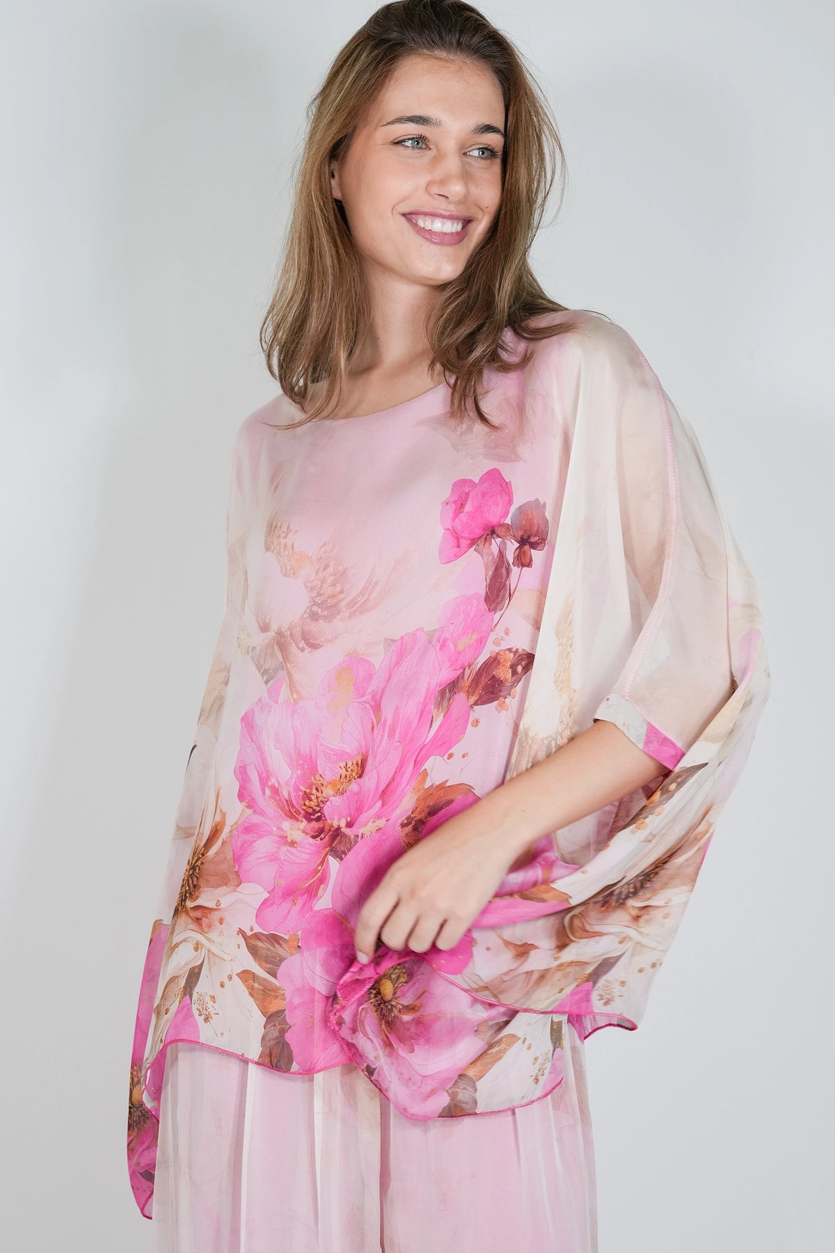 Cream and Cerise Savanna Silk Poncho