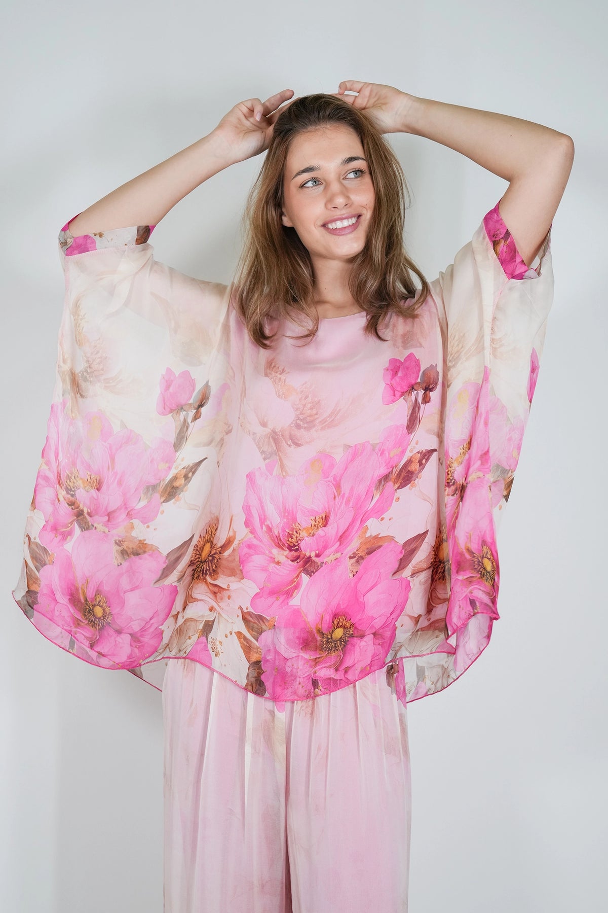 Cream and Cerise Savanna Silk Poncho