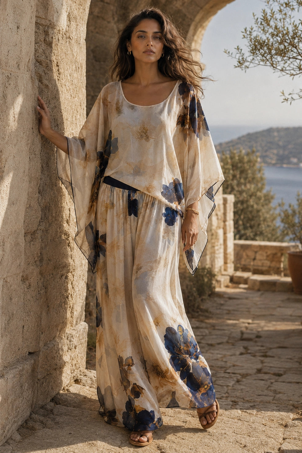 Cream and Navy Savanna Silk Pant