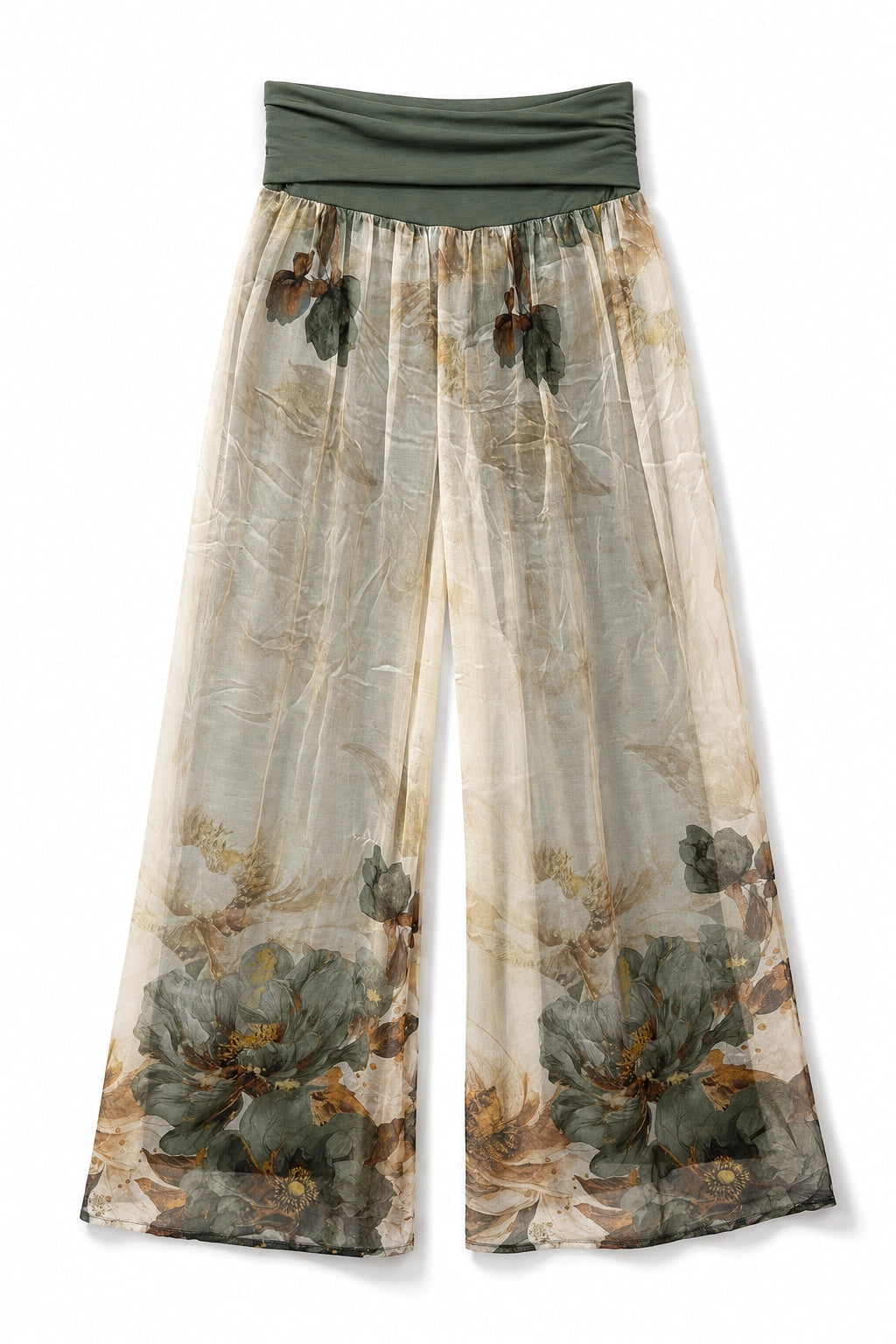 Wide-leg sheer pants with a floral print in muted green, beige, and brown tones, featuring a solid olive green waistband, shown against a plain white background.
