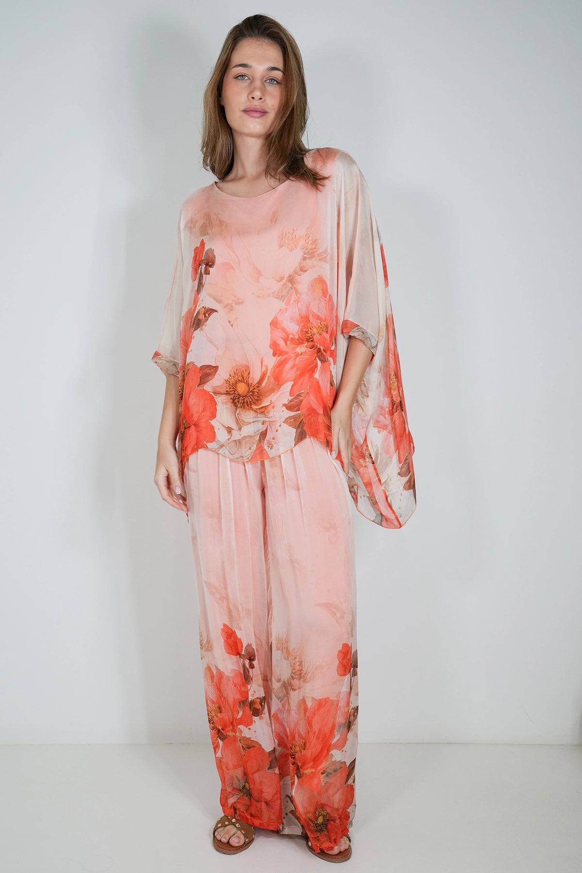 Cream and Orange Savanna Silk Poncho