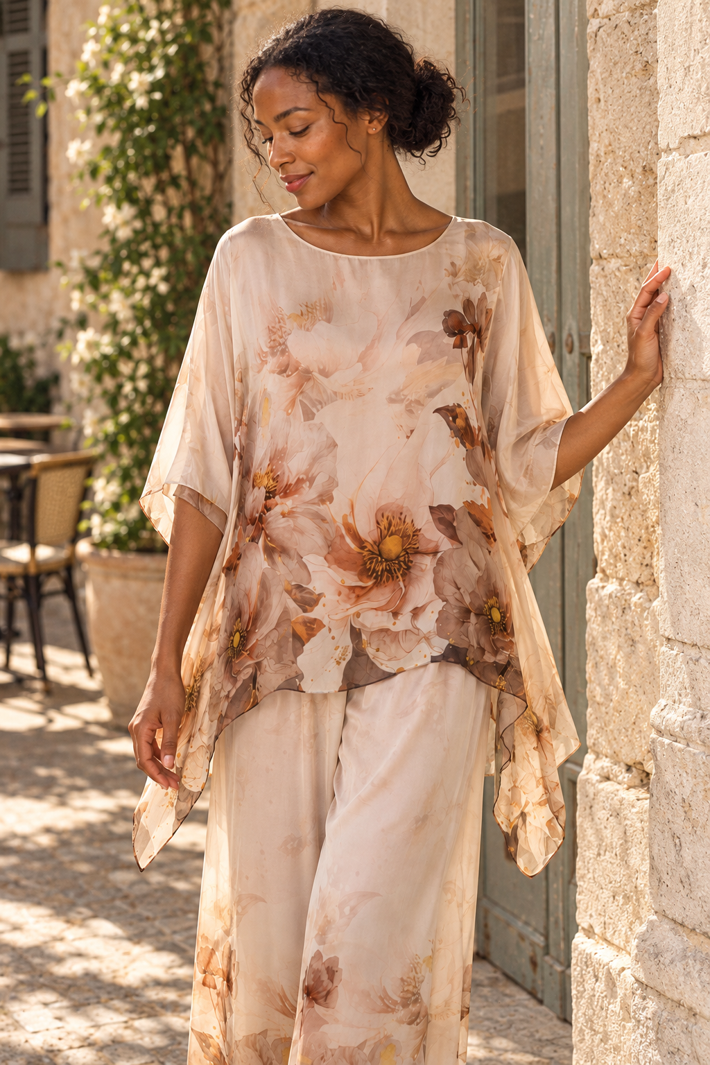 Cream and Taupe Savanna Silk Poncho