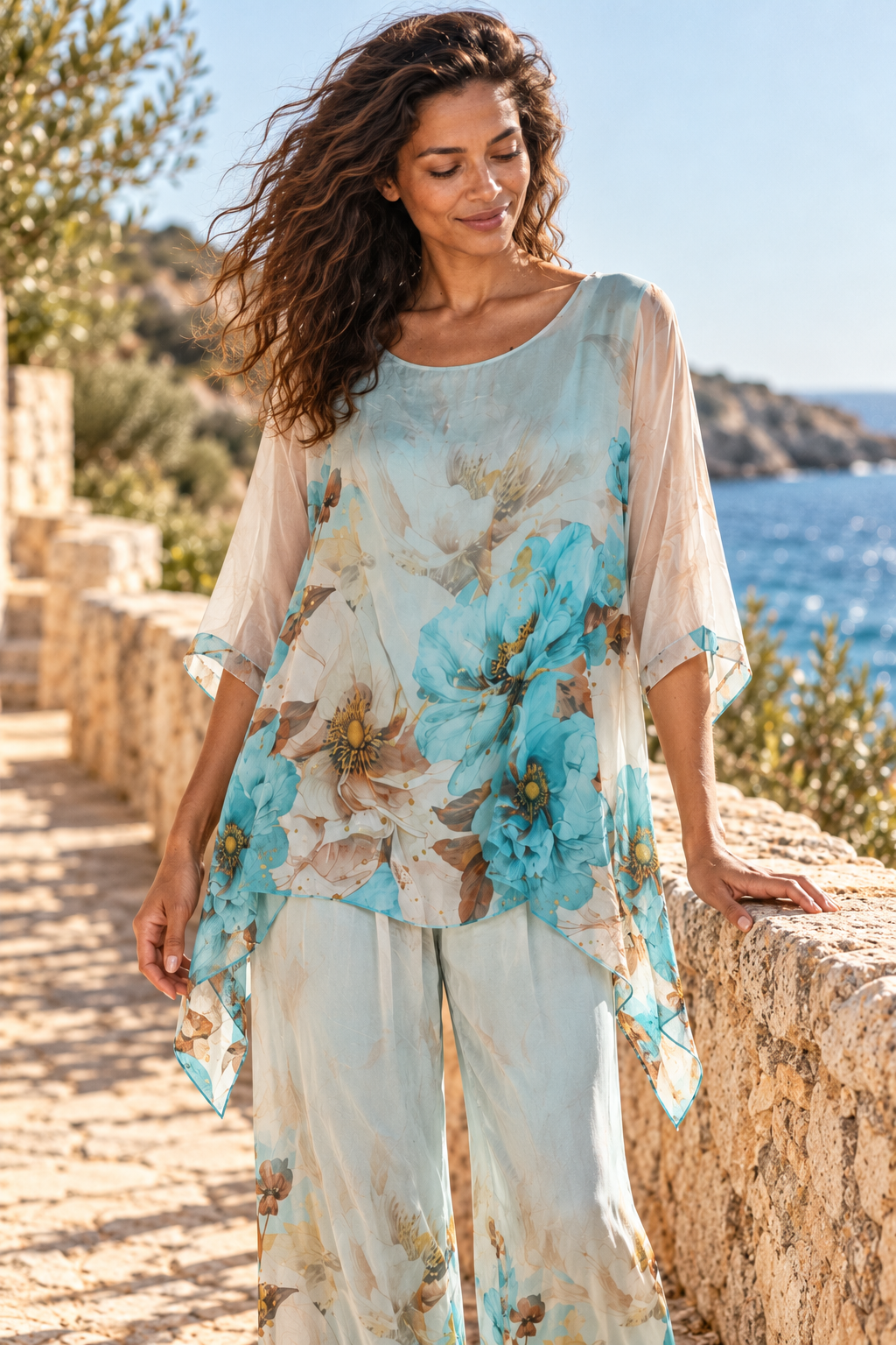 Cream and Turquoise Savanna Silk Poncho