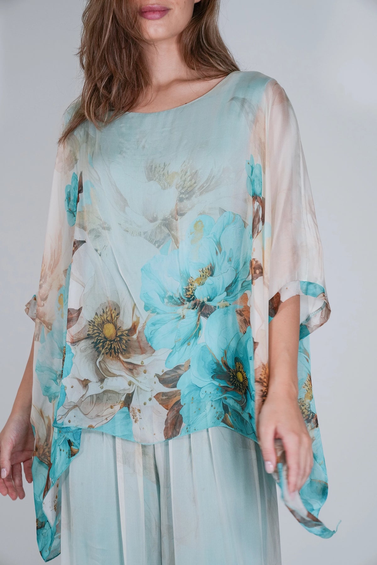 Cream and Turquoise Savanna Silk Poncho