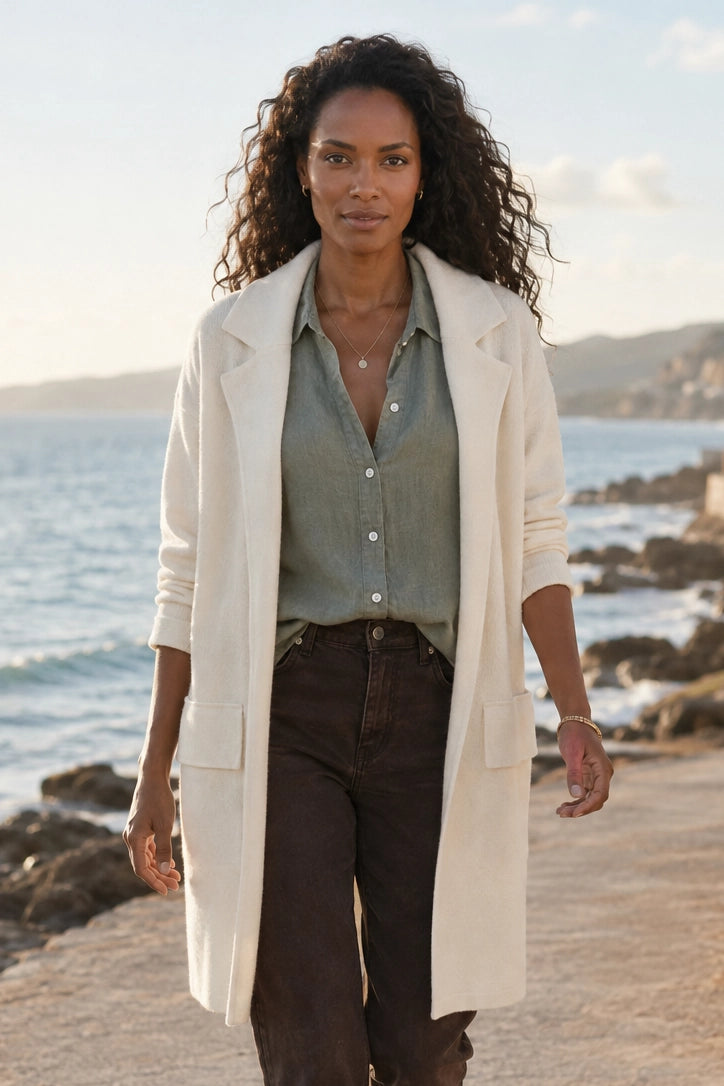 A woman walking on a rocky seaside path wearing a long cream coat over a sage green button-up shirt and dark brown pants.