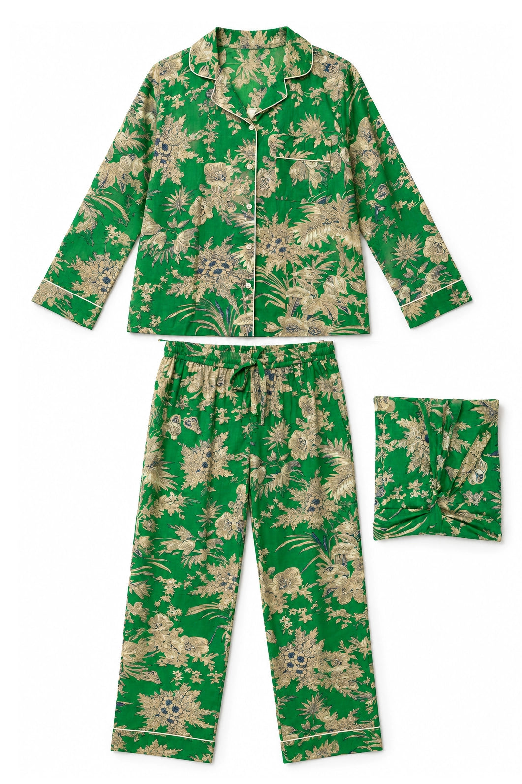 A three-piece green pajama set with a beige floral print, including a long-sleeve button-up top, matching pants, and a folded matching pillowcase, displayed on a white background.