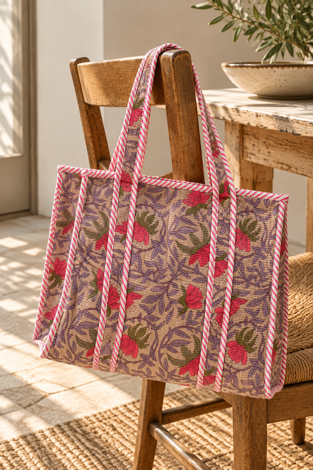 Taupe Floral Tote Bag With Zip