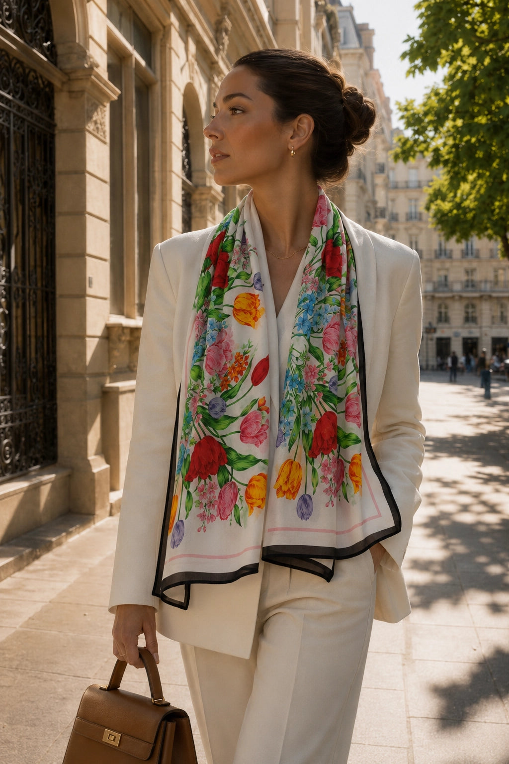A woman wearing a white blazer and trousers carries a white silk scarf with a vibrant multicolor floral print, walking on a sunny city street.
