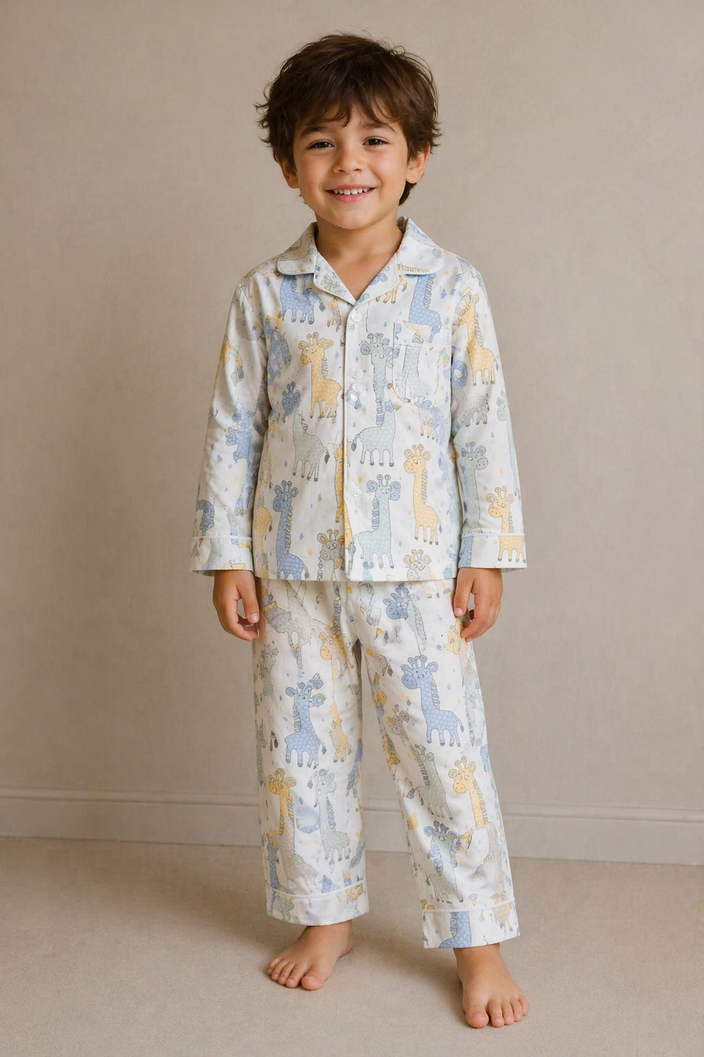 Child wearing a patterned pajama set against a plain background
