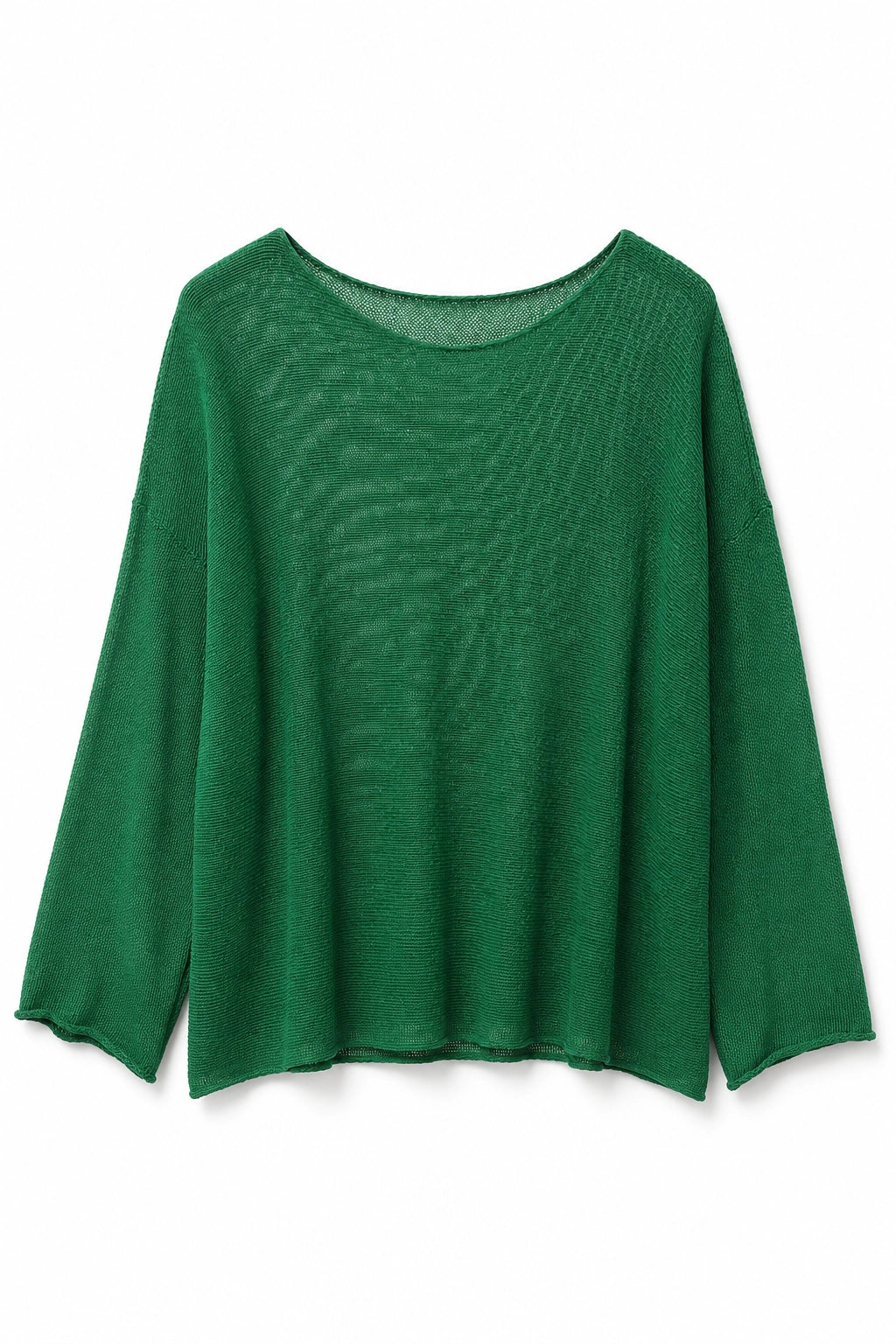 A green long-sleeve knit top with a wide boat neckline, displayed against a plain white background.