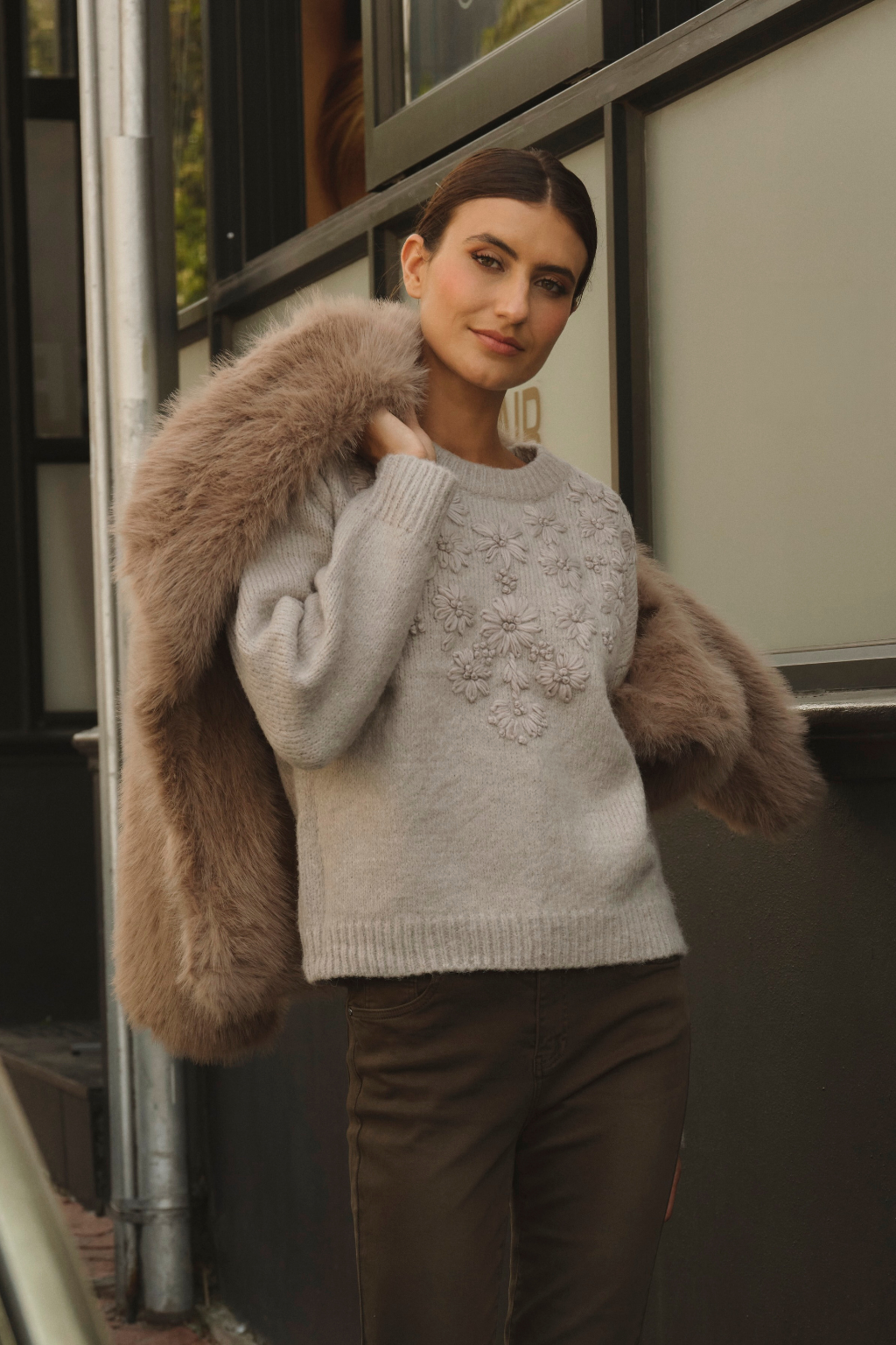 Grey Floral Embroidered Jumper