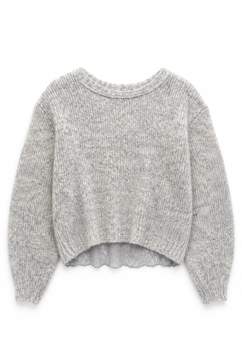 A light gray heathered knit sweater with a crew neck and long sleeves, displayed flat against a plain white background.