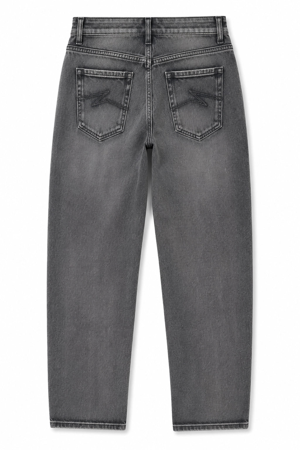 Gray washed denim jeans shown from the back, featuring classic five-pocket styling and subtle distressed detailing on the back pockets, set against a plain white background.