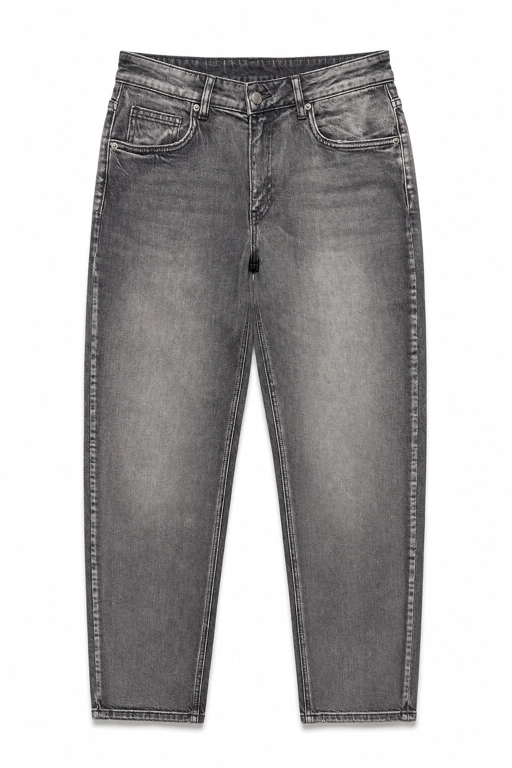 A pair of dark gray washed denim jeans with vertical decorative stitching running down the outer sides of the legs, shown flat against a white background.