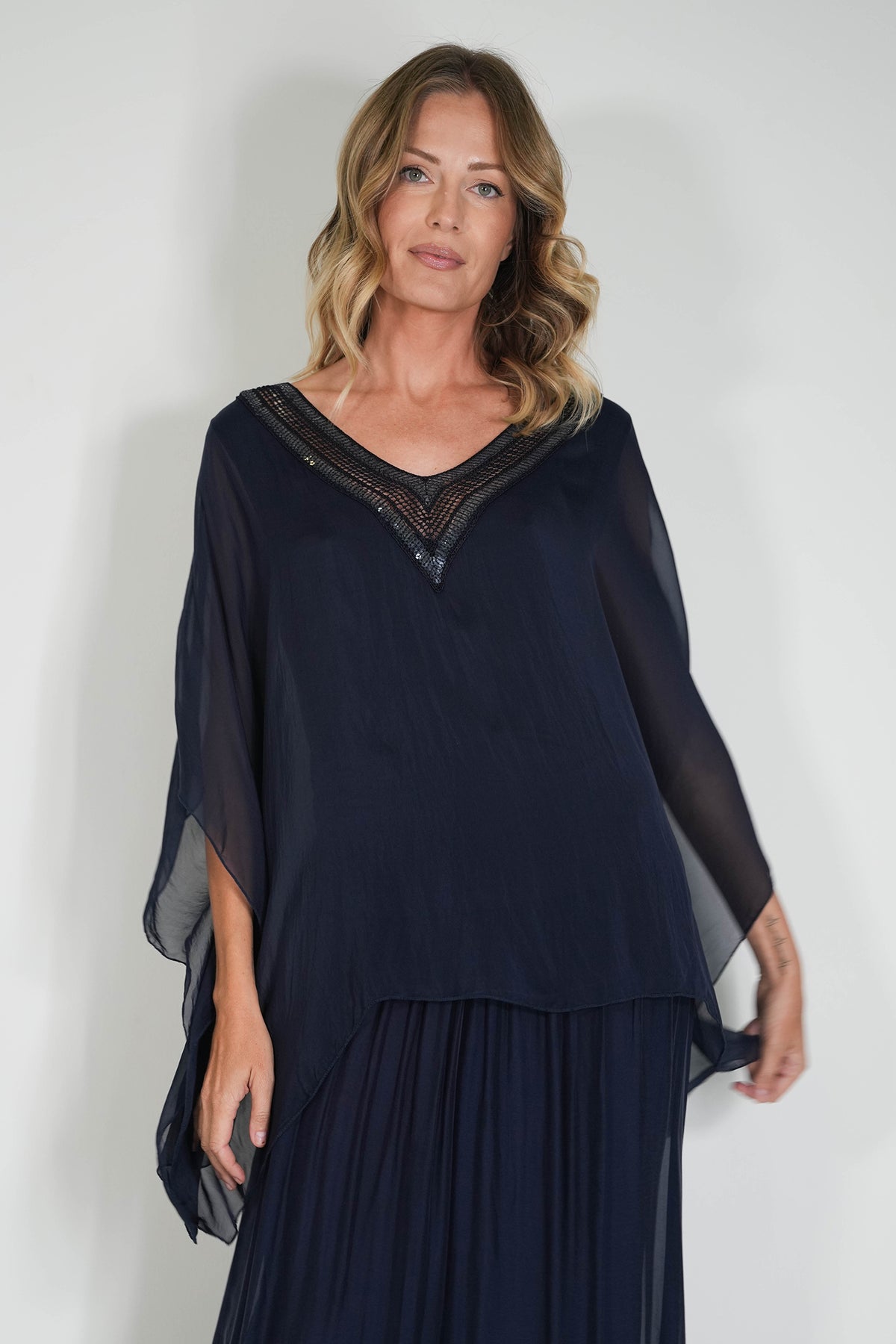Ink V Sequin Silk Poncho