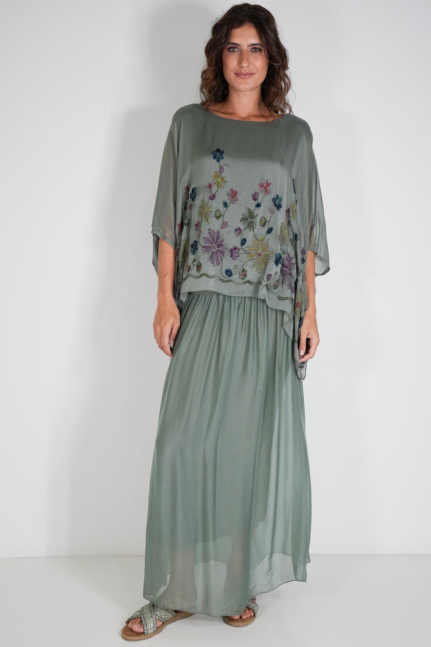 Olive Embroidered Silk Poncho