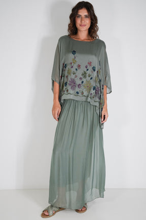 Olive Embroidered Silk Poncho