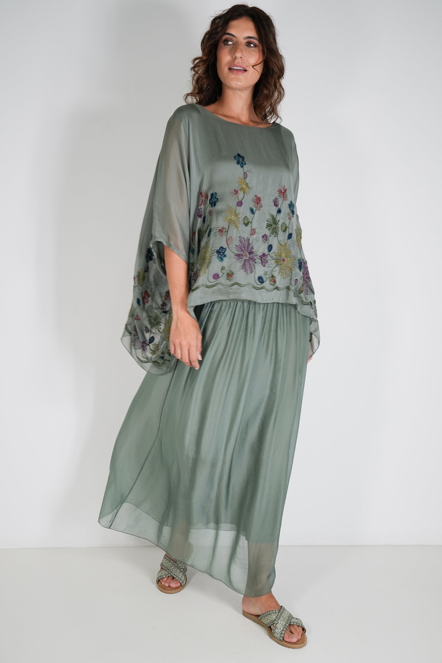 Olive Embroidered Silk Poncho