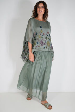 Olive Embroidered Silk Poncho