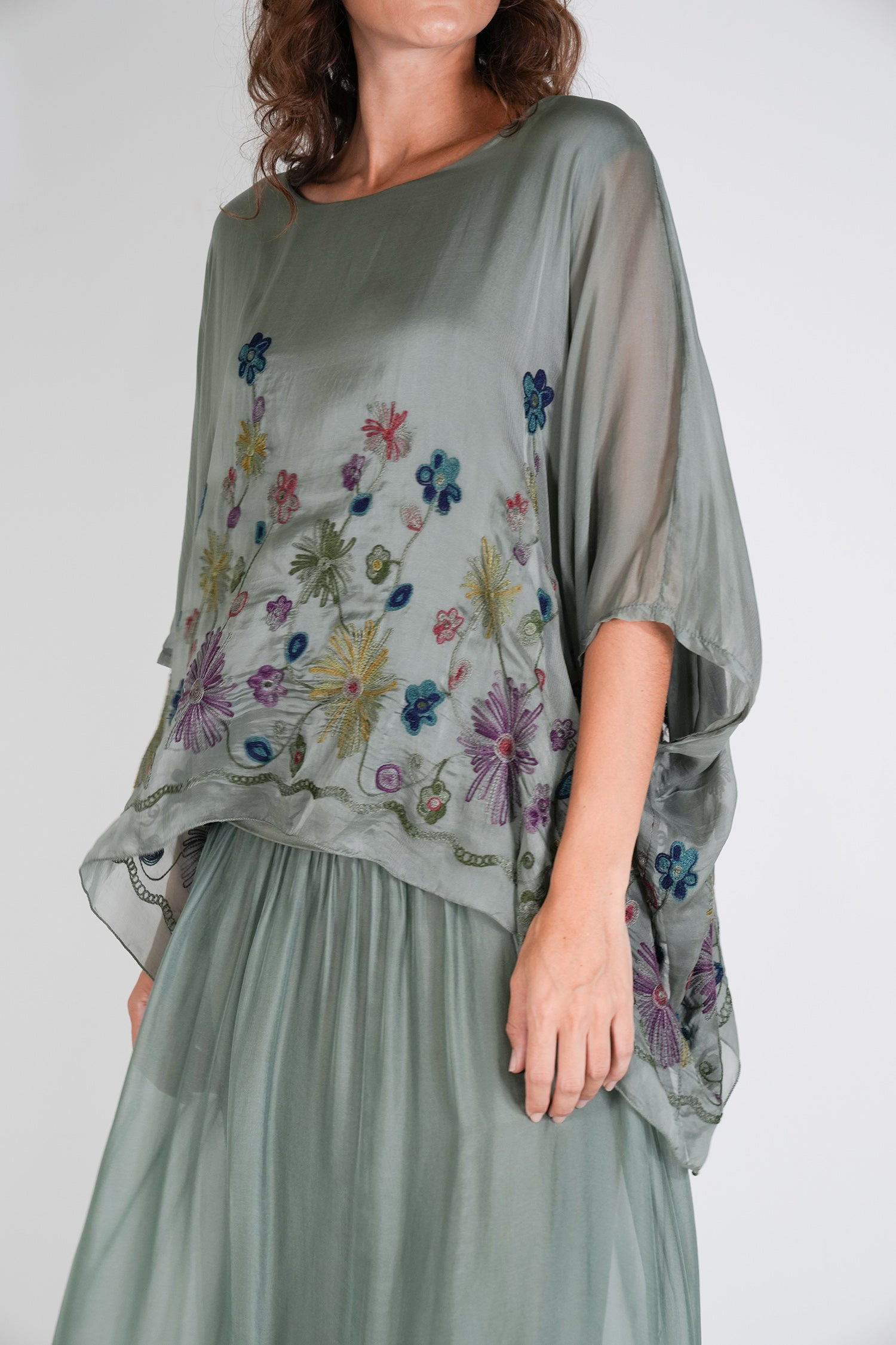 Olive Embroidered Silk Poncho