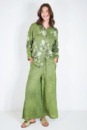 Green Linen Wide Leg Pant
