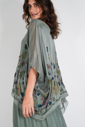 Olive Embroidered Silk Poncho
